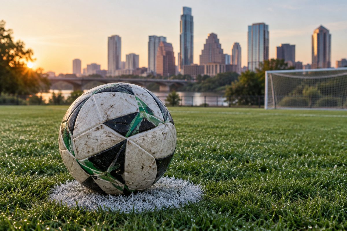 Match soccer ball resting on a painted white penalty spot.